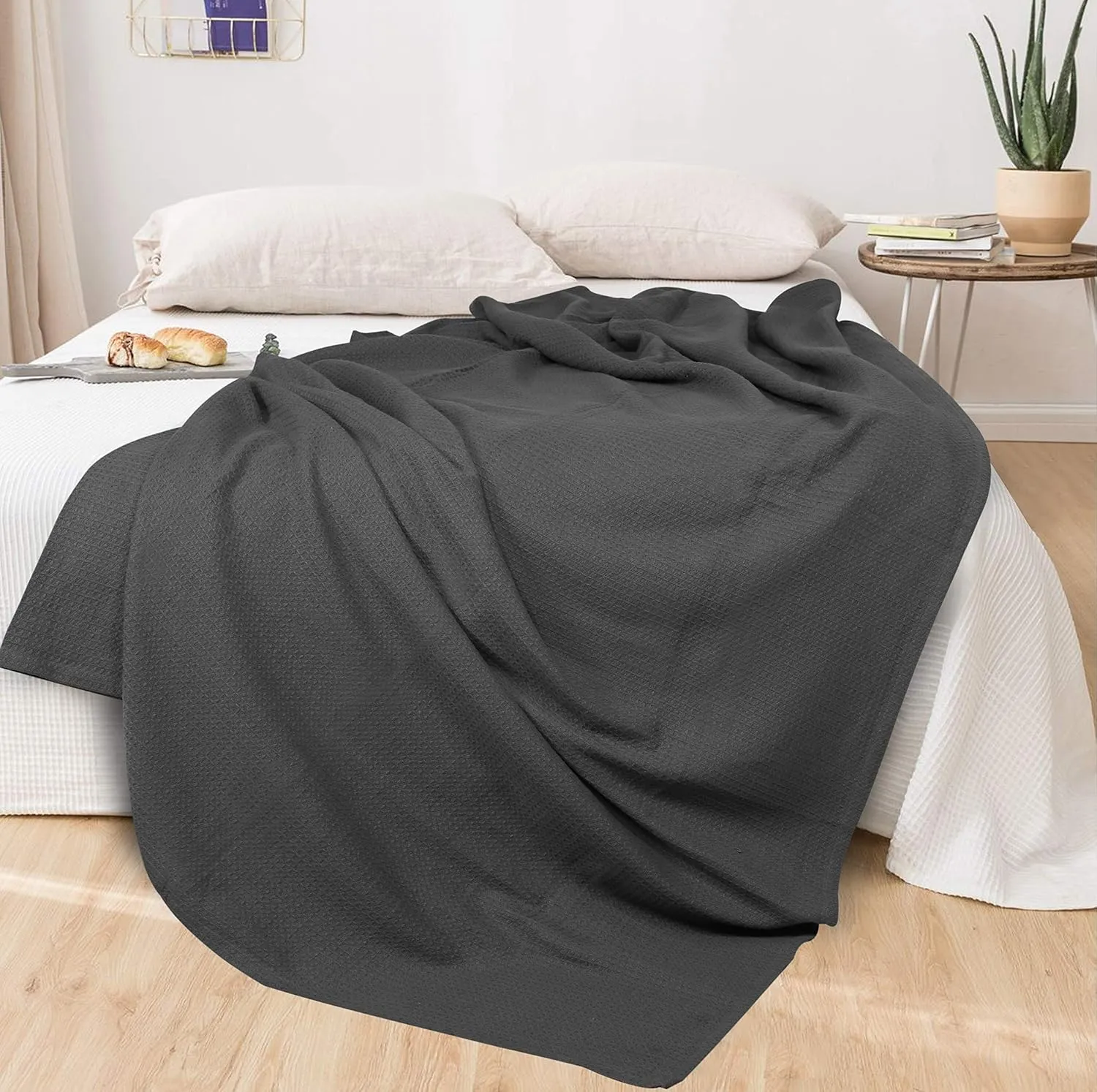 Glamburg 100% Cotton Thermal Blanket, Breathable King Size Waffle Blanket, Charcoal