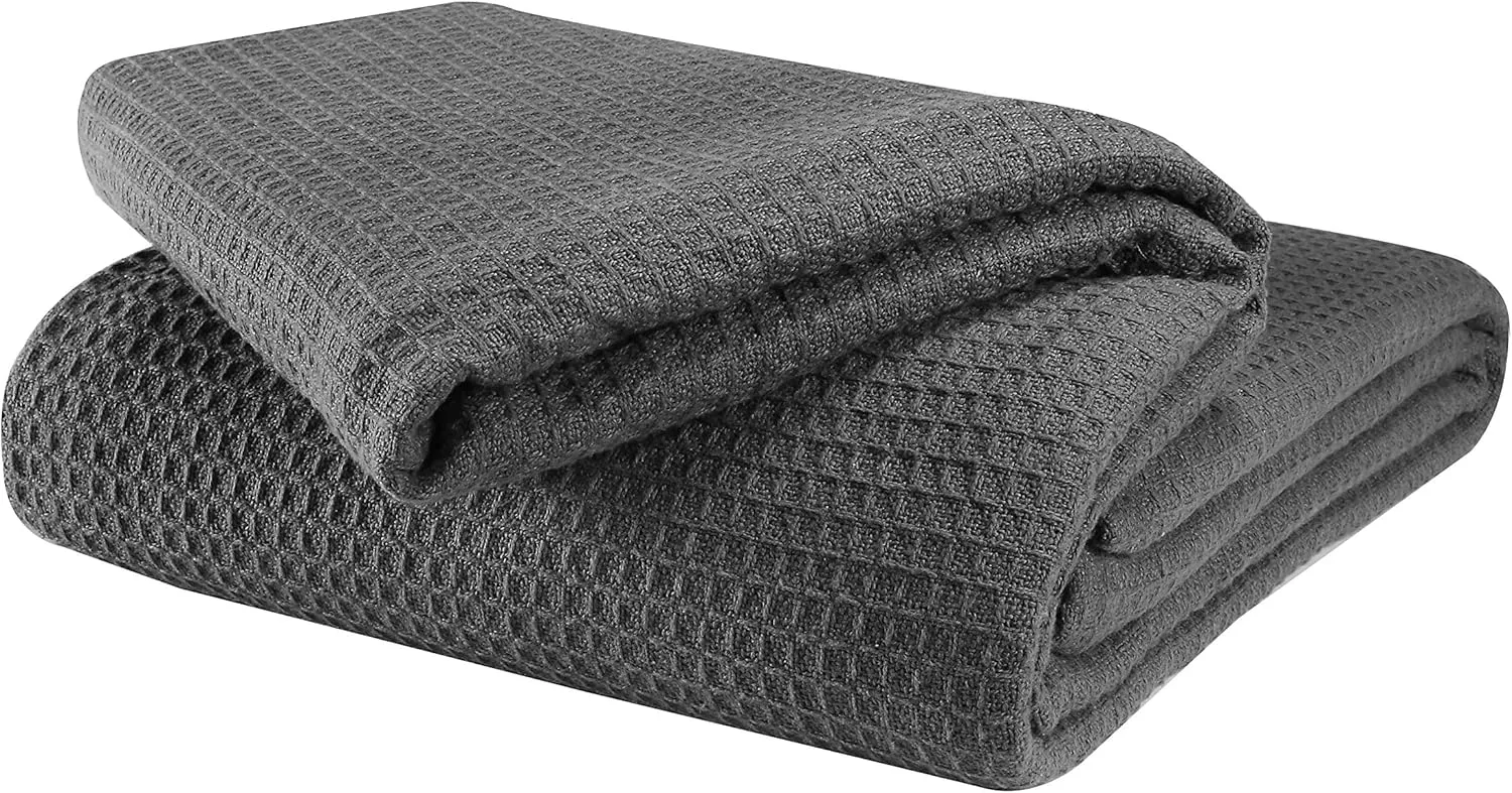 Glamburg 100% Cotton Thermal Blanket, Breathable King Size Waffle Blanket, Charcoal