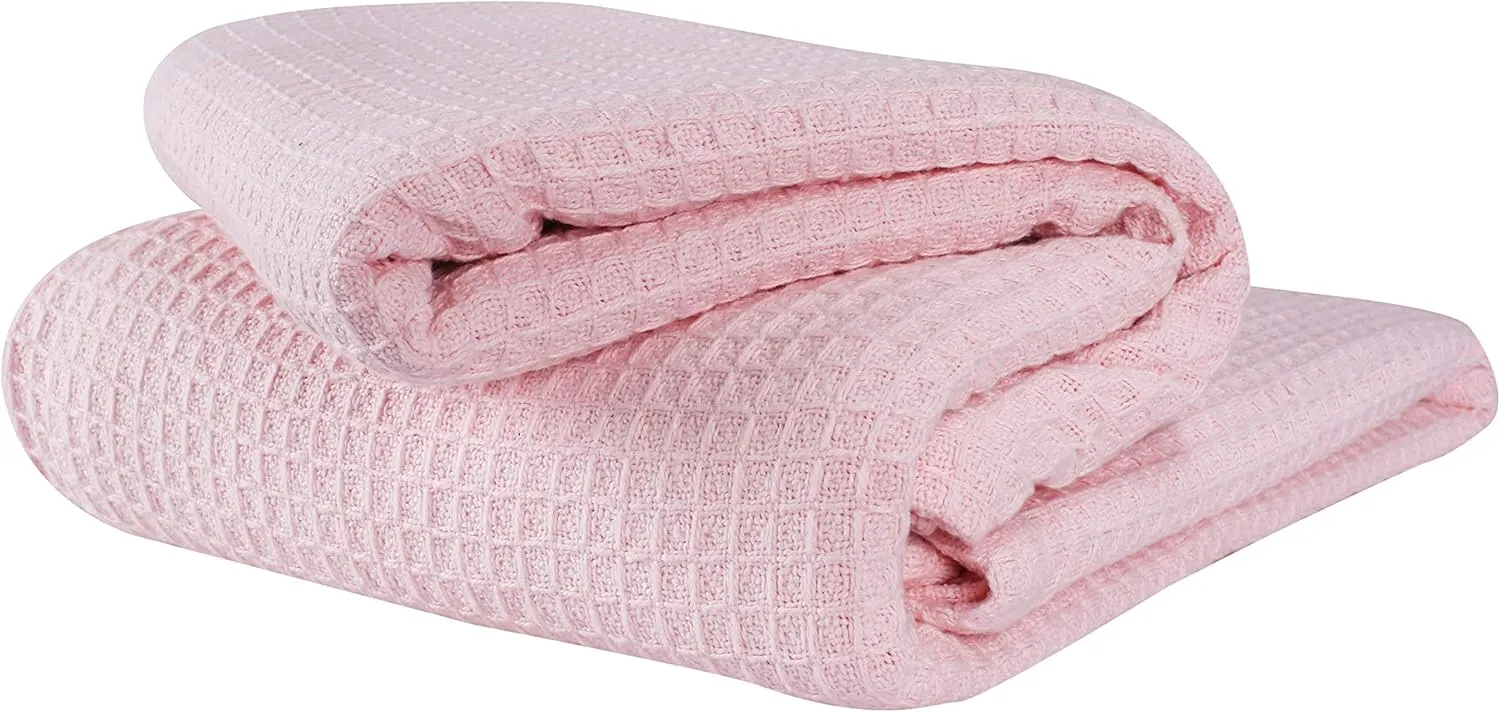 Glamburg 100% Cotton Thermal Blanket, Breathable Twin Size Waffle Blanket, All Season, Baby Pink