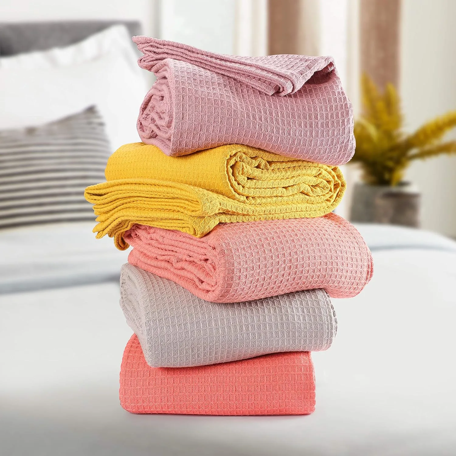 Glamburg 100% Cotton Thermal Blanket, Breathable Twin Size Waffle Blanket, All Season, Baby Pink