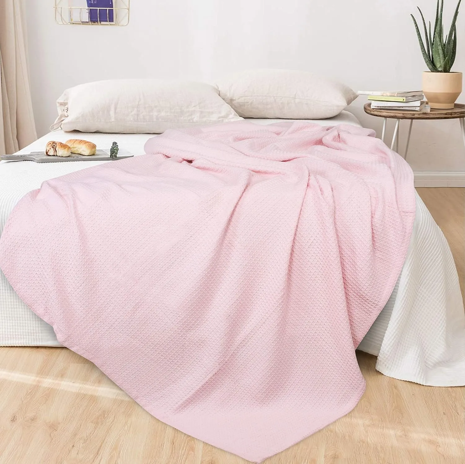 Glamburg 100% Cotton Thermal Blanket, Breathable Twin Size Waffle Blanket, All Season, Baby Pink
