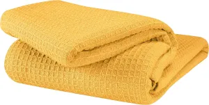 GLAMBURG 100% Cotton Thermal Blanket, Breathable Waffle Blanket, King Size, All Season, Mustard Yellow