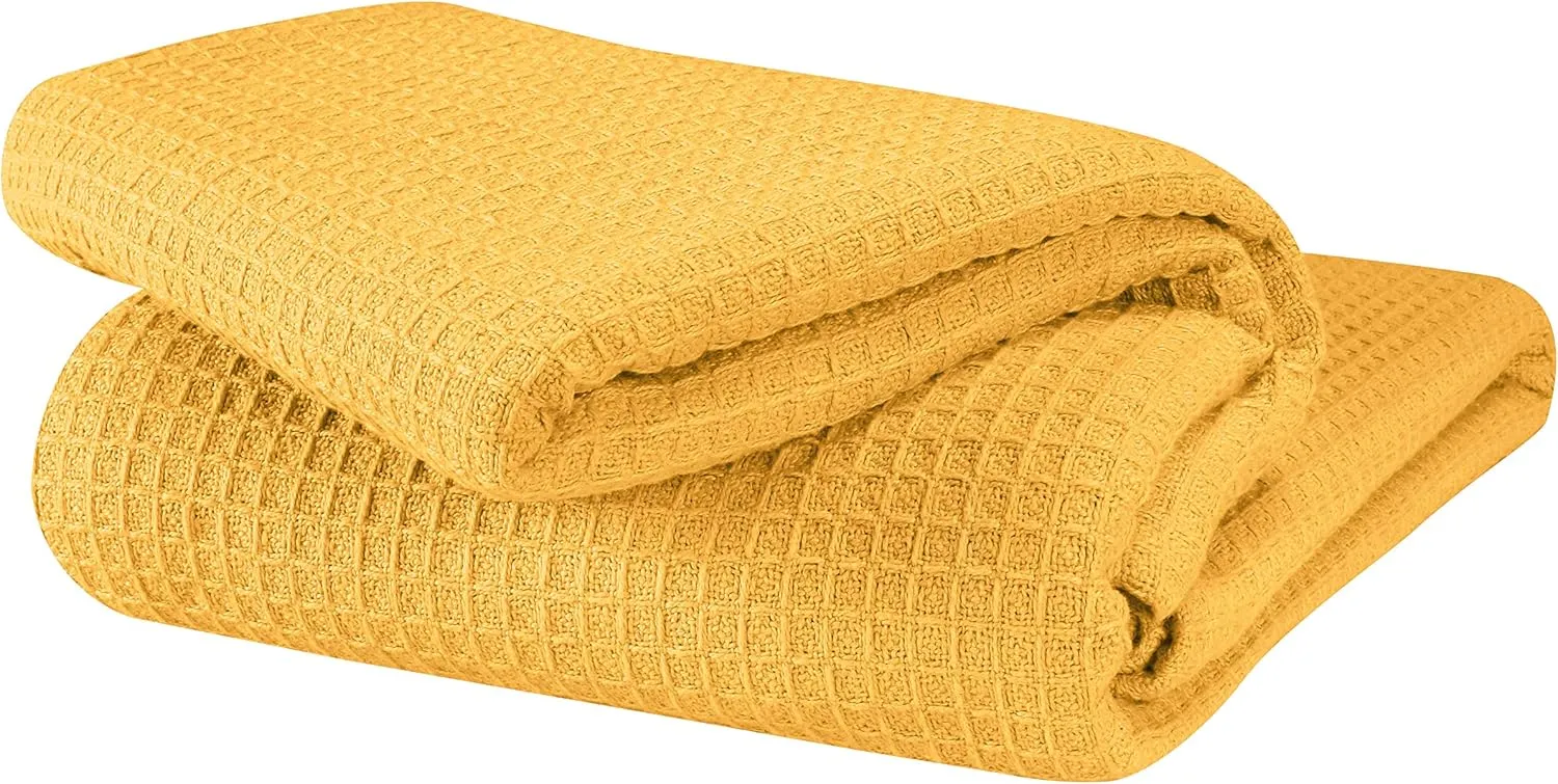 GLAMBURG 100% Cotton Thermal Blanket, Breathable Waffle Blanket, King Size, All Season, Mustard Yellow