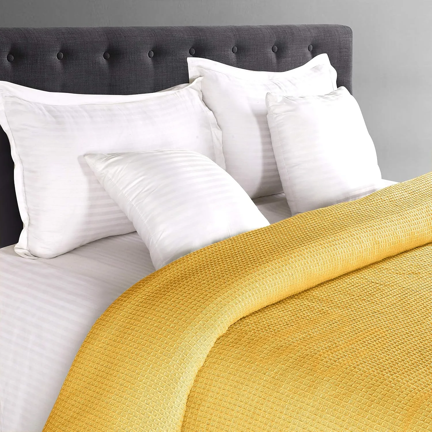GLAMBURG 100% Cotton Thermal Blanket, Breathable Waffle Blanket, King Size, All Season, Mustard Yellow