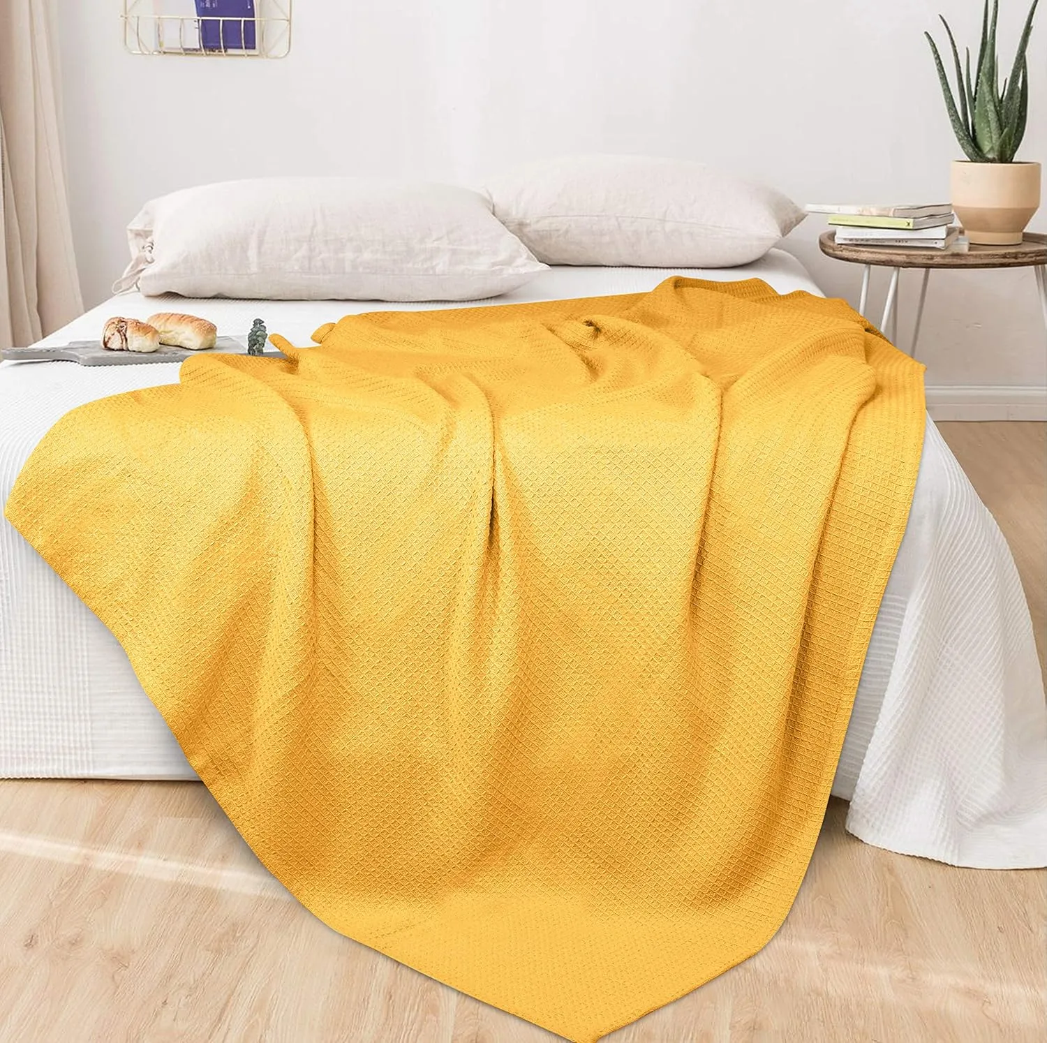 GLAMBURG 100% Cotton Thermal Blanket, Breathable Waffle Blanket, King Size, All Season, Mustard Yellow