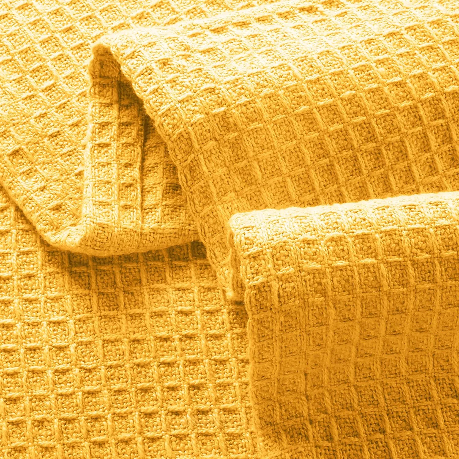 GLAMBURG 100% Cotton Thermal Blanket, Breathable Waffle Blanket, King Size, All Season, Mustard Yellow