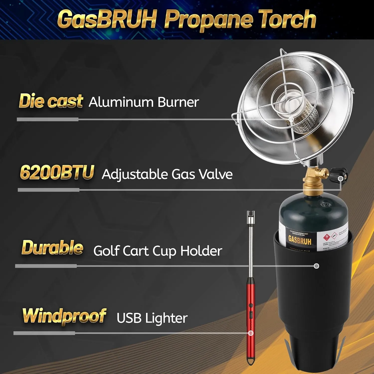 Golf Cart Heater with Cup Holder-Control Valve,Portable 6200BTU Outdoor Propane Heater with Windproof USB Lighter, Fits Most Golf Cart EZGO, Yamaha & Club Car (Fuel Not Included)