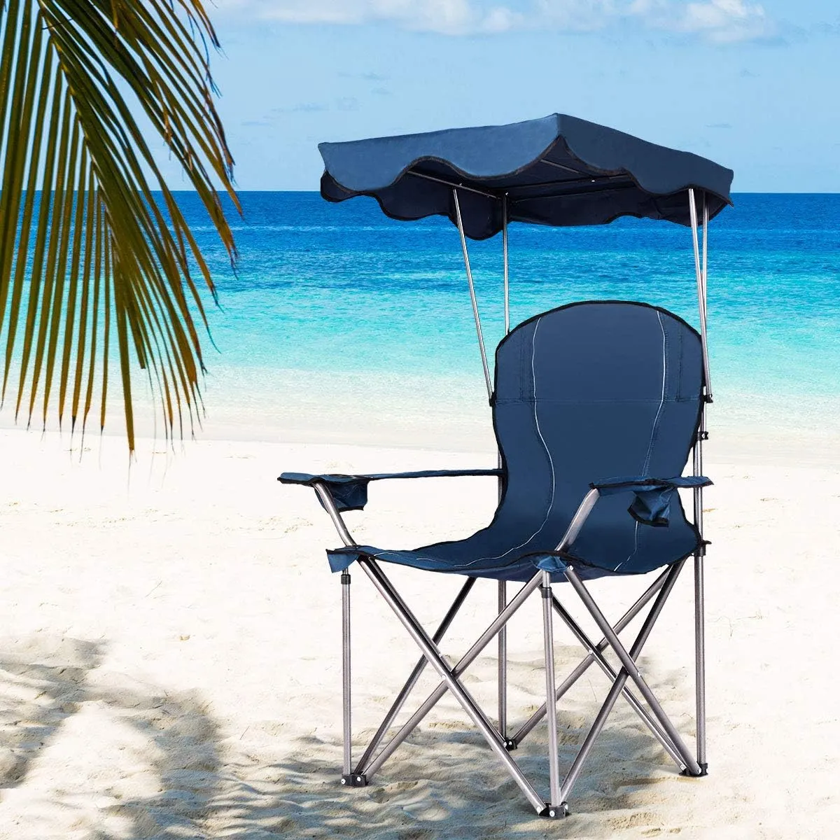 Goplus Camping Chair with Canopy Shade, Folding Lawn Chair with Umbrella Cup Holder & Carry Bag, Portable Sunshade Chair for Adults for Beach Outdoor Travel Hiking Fishing (Blue)