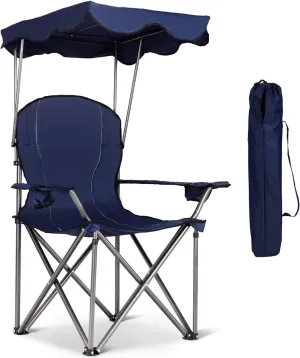Goplus Camping Chair with Canopy Shade, Folding Lawn Chair with Umbrella Cup Holder & Carry Bag, Portable Sunshade Chair for Adults for Beach Outdoor Travel Hiking Fishing (Blue)