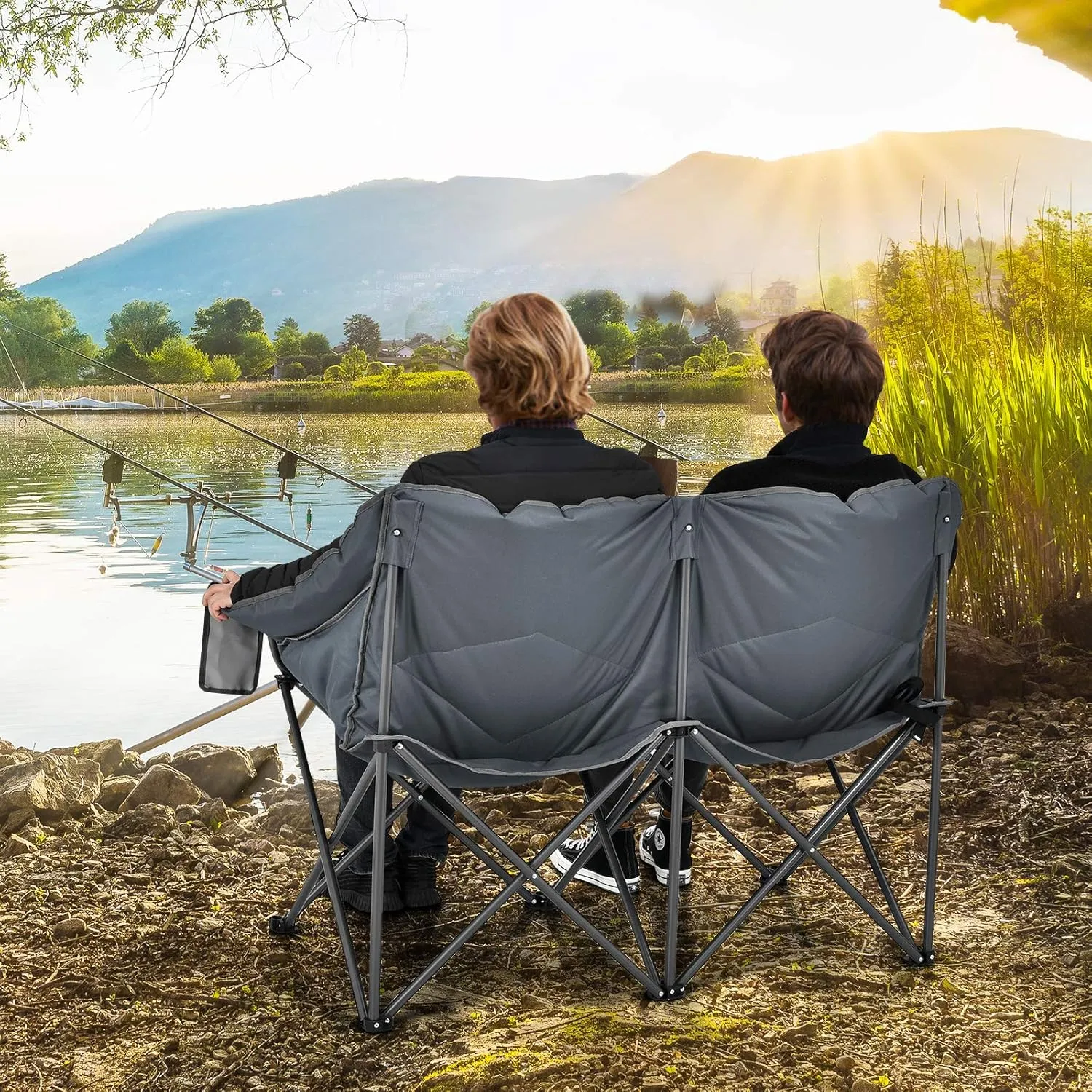 Goplus Loveseat Camping Chair, Double Folding Chair for Adults Couples w/Storage Bags & Padded High Backrest, Oversize Camp Seat for Fishing Picnic (Grey)