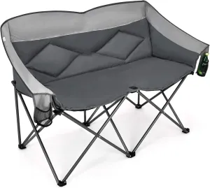 Goplus Loveseat Camping Chair, Double Folding Chair for Adults Couples w/Storage Bags & Padded High Backrest, Oversize Camp Seat for Fishing Picnic (Grey)