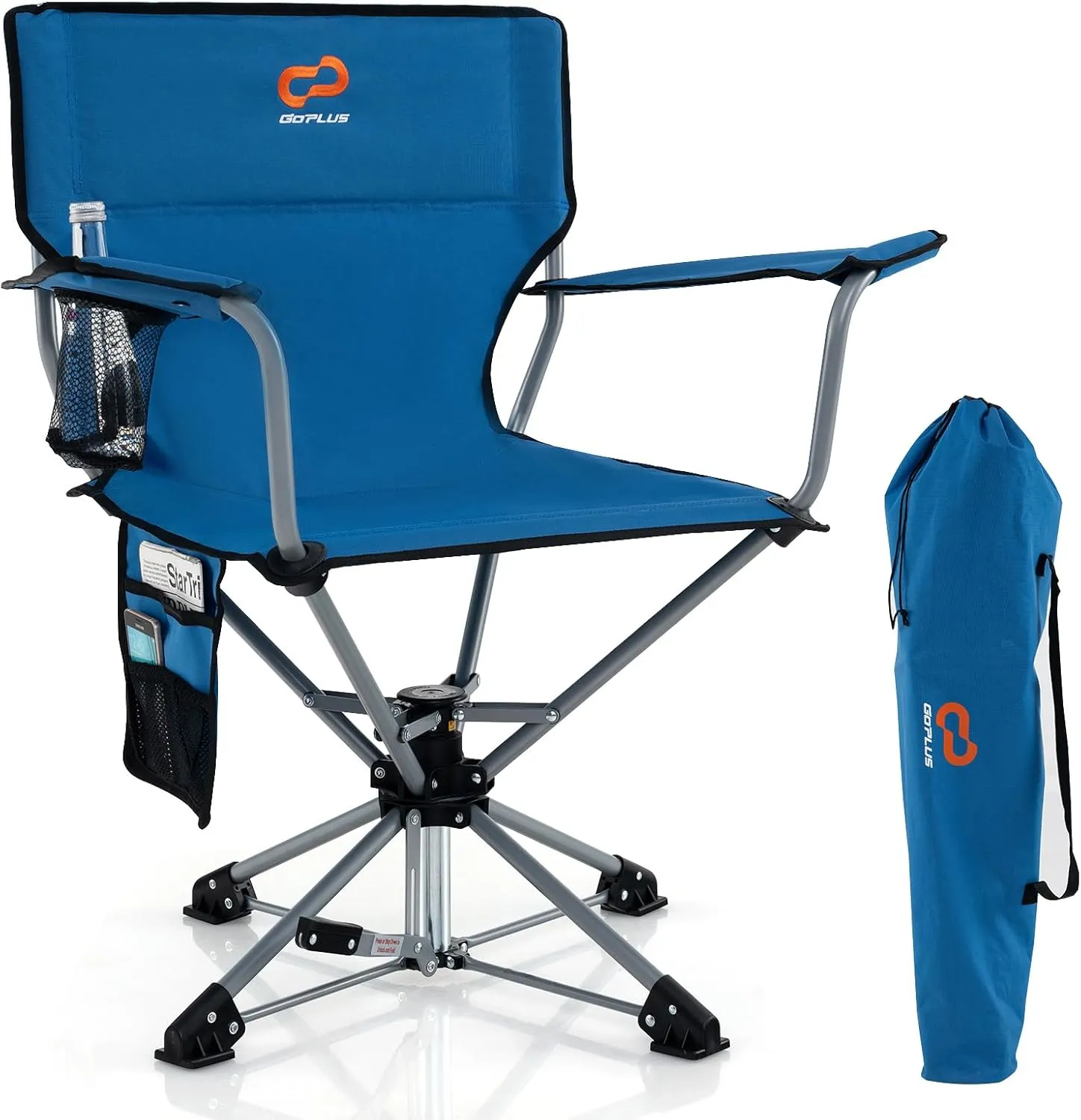 Goplus Swivel Camping Chair, Potable Lawn Chair for Adults w/Cup Holder & Carrying Bag, Folding 360-degree Free Rotation Chair for Fishing Picnic Hiking Hunting Outdoor (Blue)