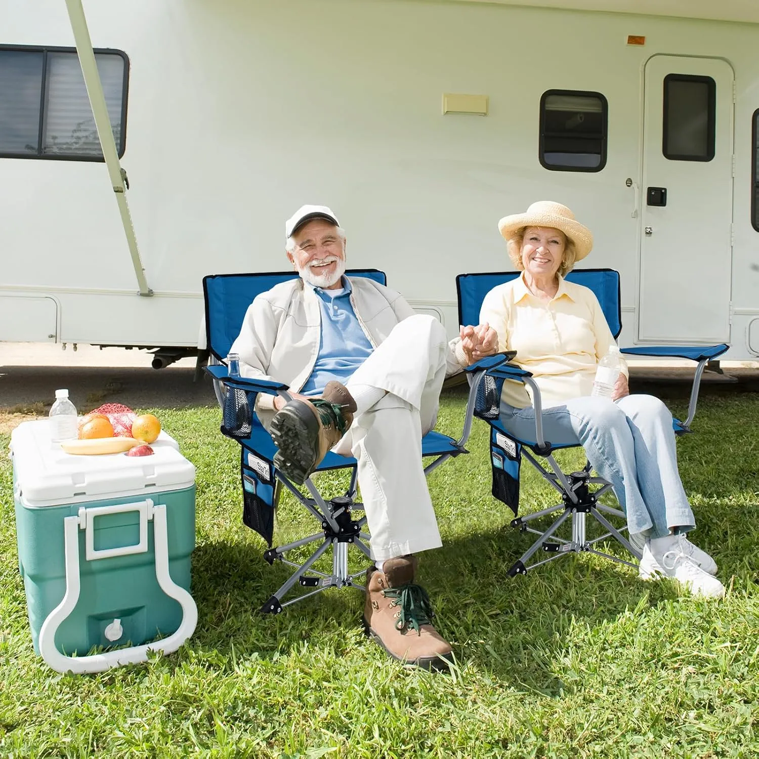 Goplus Swivel Camping Chair, Potable Lawn Chair for Adults w/Cup Holder & Carrying Bag, Folding 360-degree Free Rotation Chair for Fishing Picnic Hiking Hunting Outdoor (Blue)