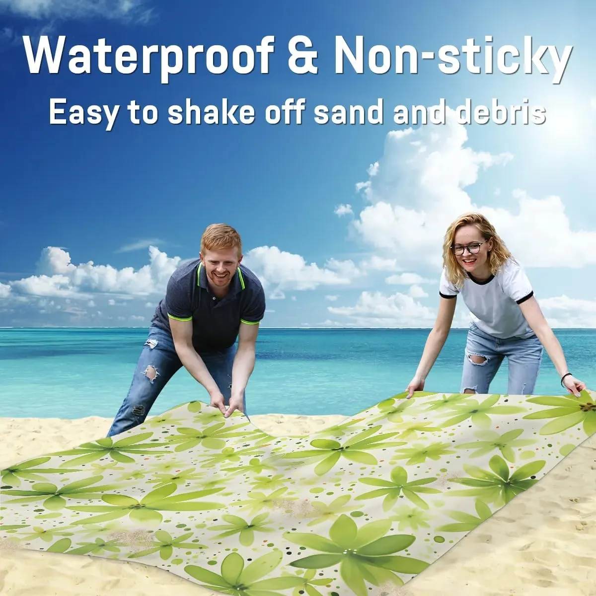 Green Flower Beach Blanket, Sandproof Beach Mat, 68 x 59 Waterproof Quick Drying Sand Free Mat with 4 x Ground Spikes for Outdoor Travel Camping Hiking, Summer Flower