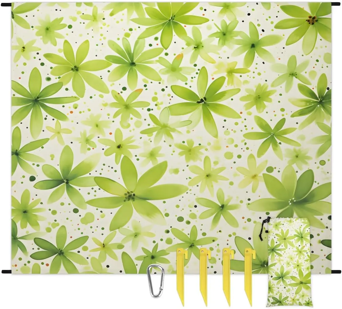 Green Flower Beach Blanket, Sandproof Beach Mat, 68 x 59 Waterproof Quick Drying Sand Free Mat with 4 x Ground Spikes for Outdoor Travel Camping Hiking, Summer Flower