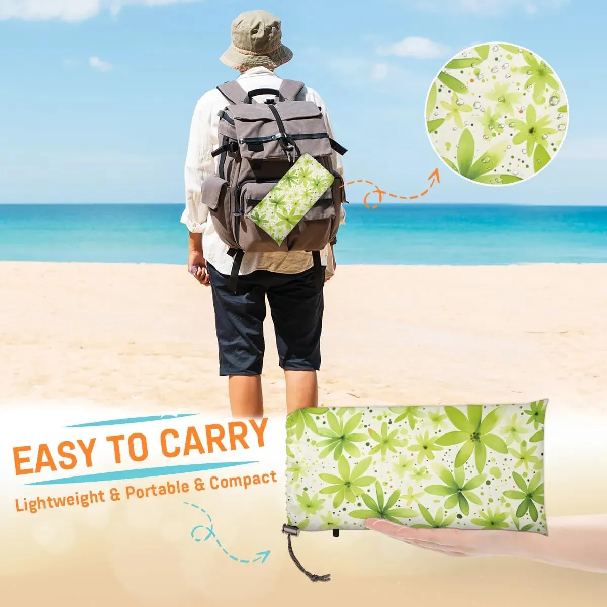 Green Flower Beach Blanket, Sandproof Beach Mat, 68 x 59 Waterproof Quick Drying Sand Free Mat with 4 x Ground Spikes for Outdoor Travel Camping Hiking, Summer Flower