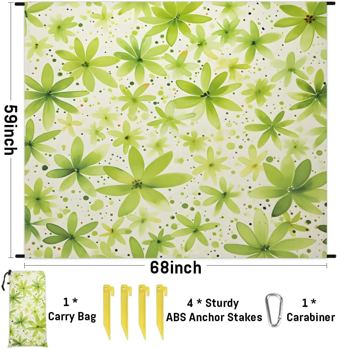 Green Flower Beach Blanket, Sandproof Beach Mat, 68 x 59 Waterproof Quick Drying Sand Free Mat with 4 x Ground Spikes for Outdoor Travel Camping Hiking, Summer Flower
