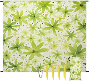 Green Flower Beach Blanket, Sandproof Beach Mat, 68 x 59 Waterproof Quick Drying Sand Free Mat with 4 x Ground Spikes for Outdoor Travel Camping Hiking, Summer Flower