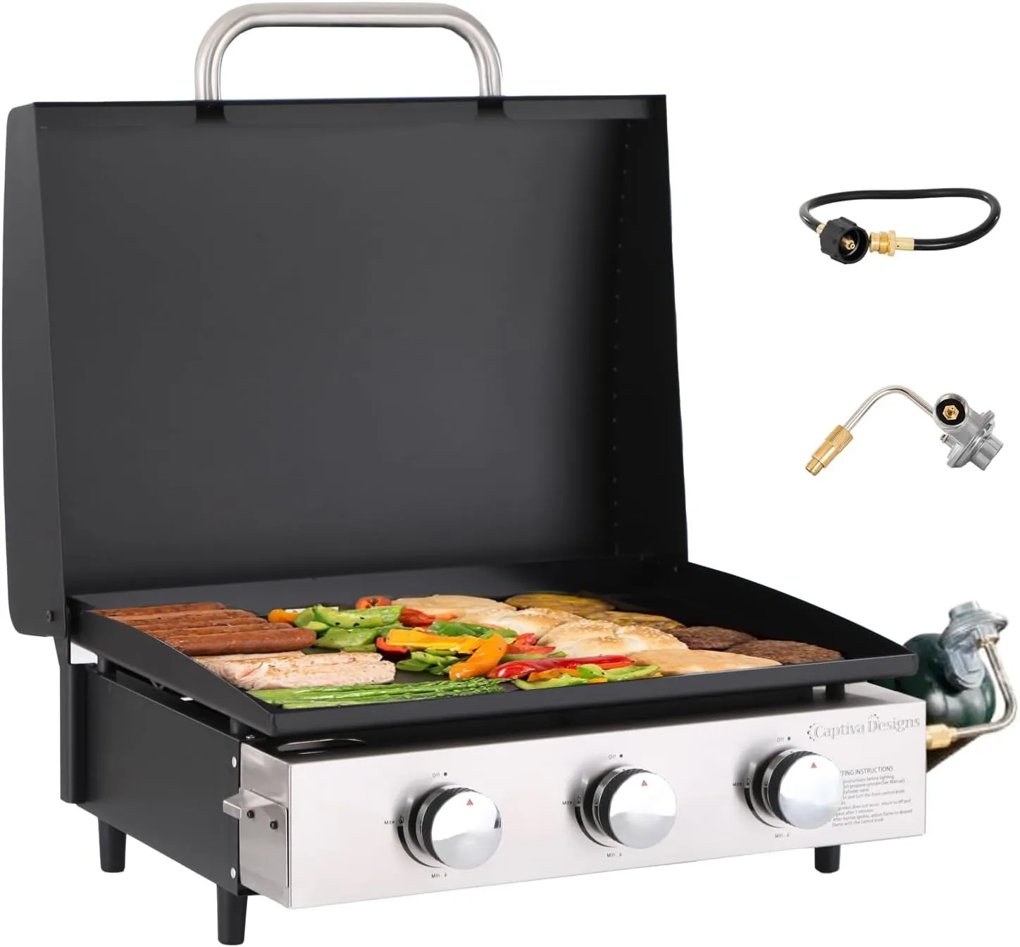 GREEN PARTY 22 inch Portable Tabletop Griddle with Hood and Ceramic Coated Cast Iron Plate, 3 Burner Flat Top Griddle, Propane Gas BBQ Griddle Grill for Outdoor Cooking Barbecue Camping Tailgating