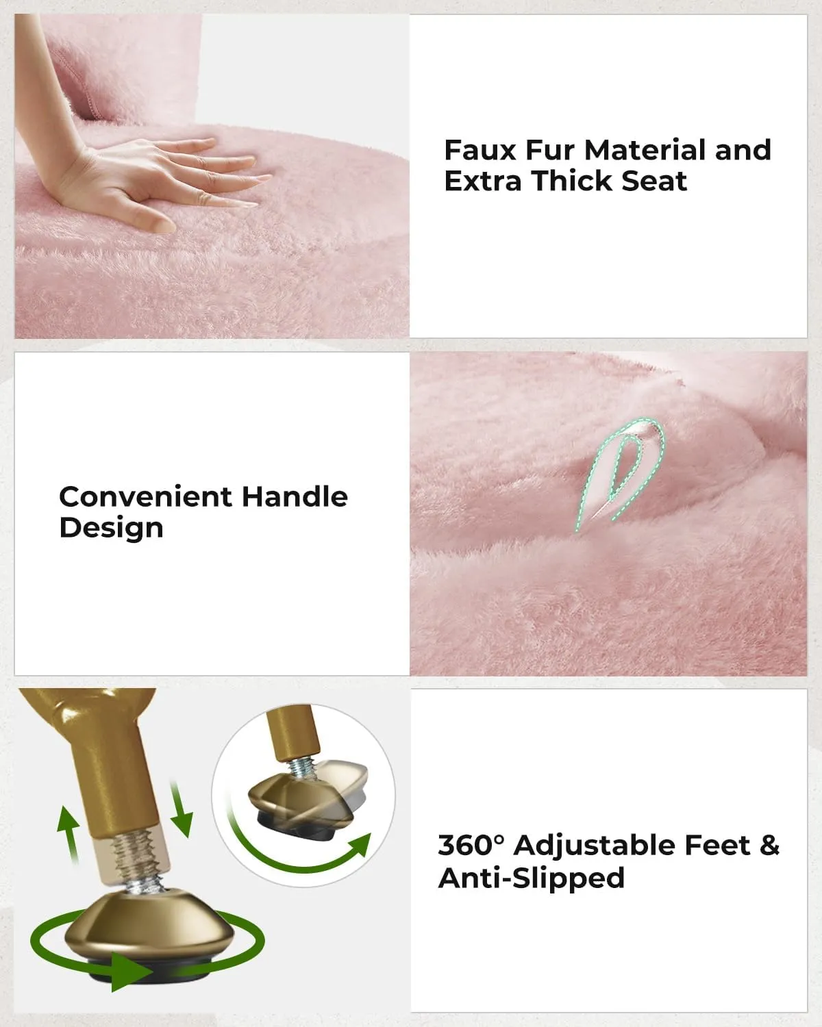GREENSTELL Vanity Stool Chair with Storage and Folding Back, 15.7" x 15.7" x 19.5" Faux Fur Soft Ottoman for Adults, 4 Metal Legs with Anti-Slip Feet, Furry Padded Seat for Makeup, Bedroom, Pink
