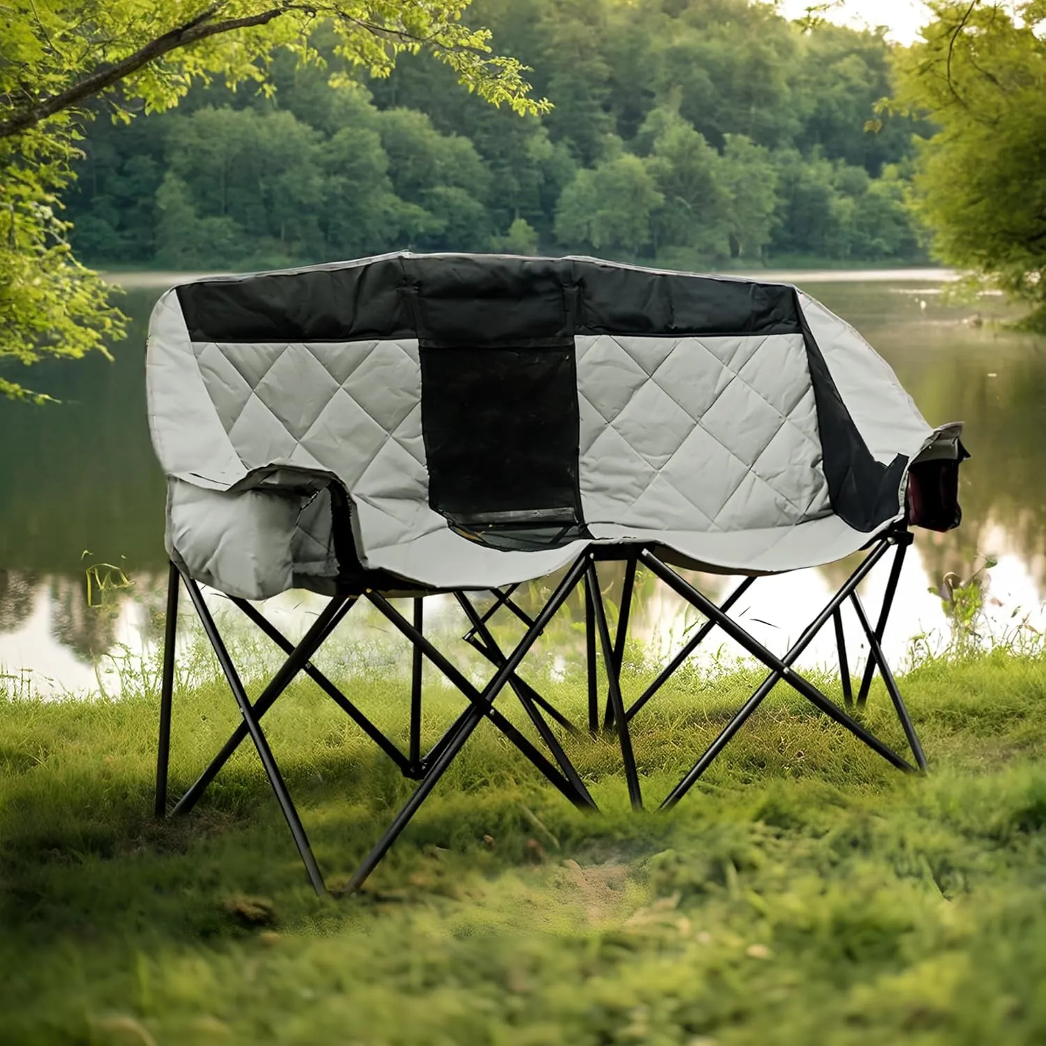 GRETERST Double Camping Chairs Folding Portable Love Seat Lawn Outdoor Chairs for Two Persons with Padded Seat and Pockets Heavy Duty for Adults, Black&gray