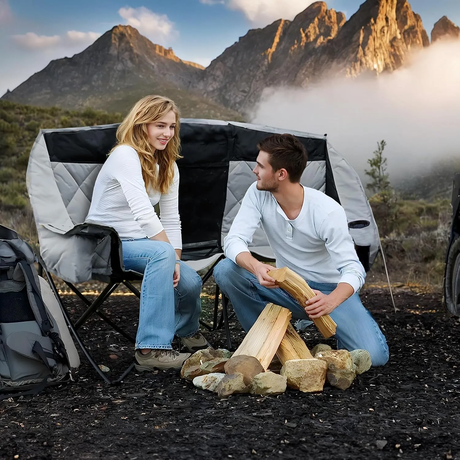 GRETERST Double Camping Chairs Folding Portable Love Seat Lawn Outdoor Chairs for Two Persons with Padded Seat and Pockets Heavy Duty for Adults, Black&gray