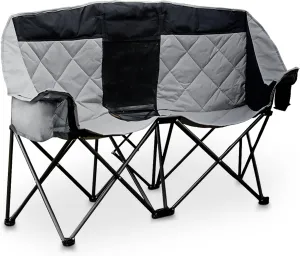 GRETERST Double Camping Chairs Folding Portable Love Seat Lawn Outdoor Chairs for Two Persons with Padded Seat and Pockets Heavy Duty for Adults, Black&gray