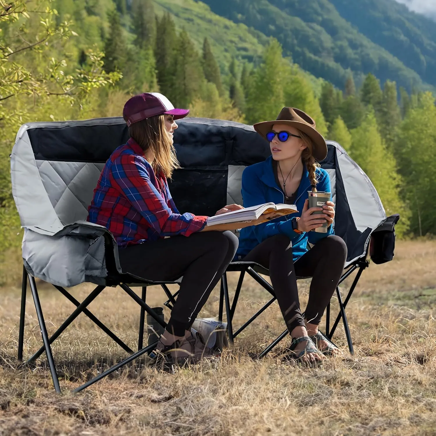 GRETERST Double Camping Chairs Folding Portable Love Seat Lawn Outdoor Chairs for Two Persons with Padded Seat and Pockets Heavy Duty for Adults, Black&gray