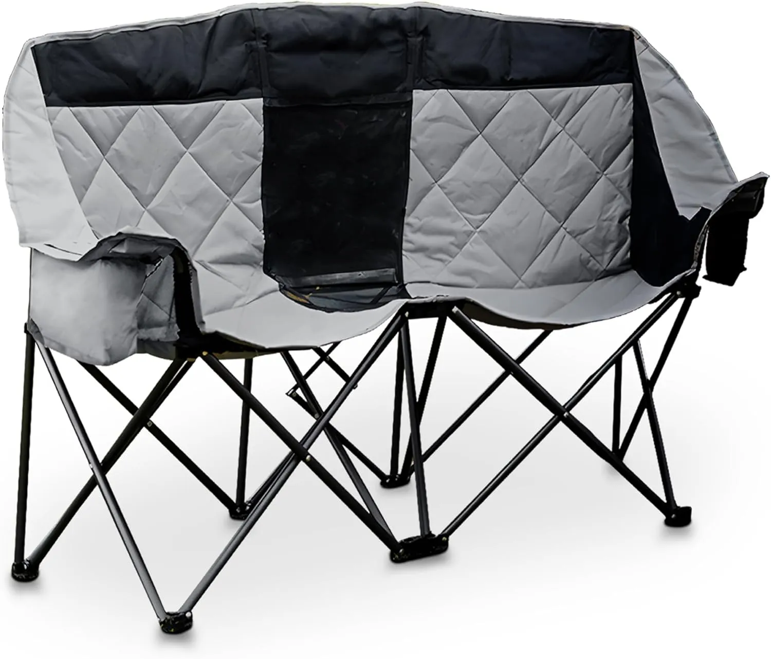 GRETERST Double Camping Chairs Folding Portable Love Seat Lawn Outdoor Chairs for Two Persons with Padded Seat and Pockets Heavy Duty for Adults, Black&gray