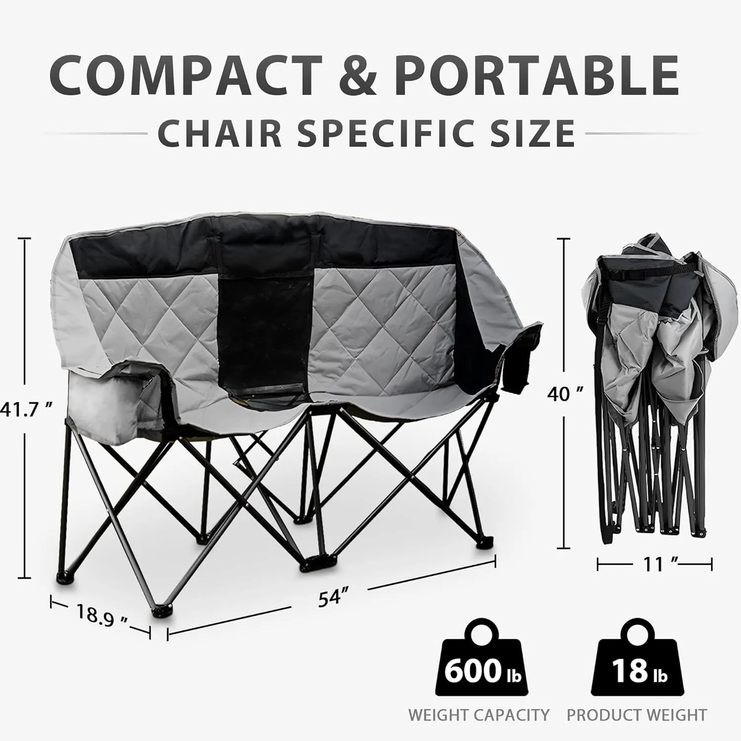 GRETERST Double Camping Chairs Folding Portable Love Seat Lawn Outdoor Chairs for Two Persons with Padded Seat and Pockets Heavy Duty for Adults, Black&gray