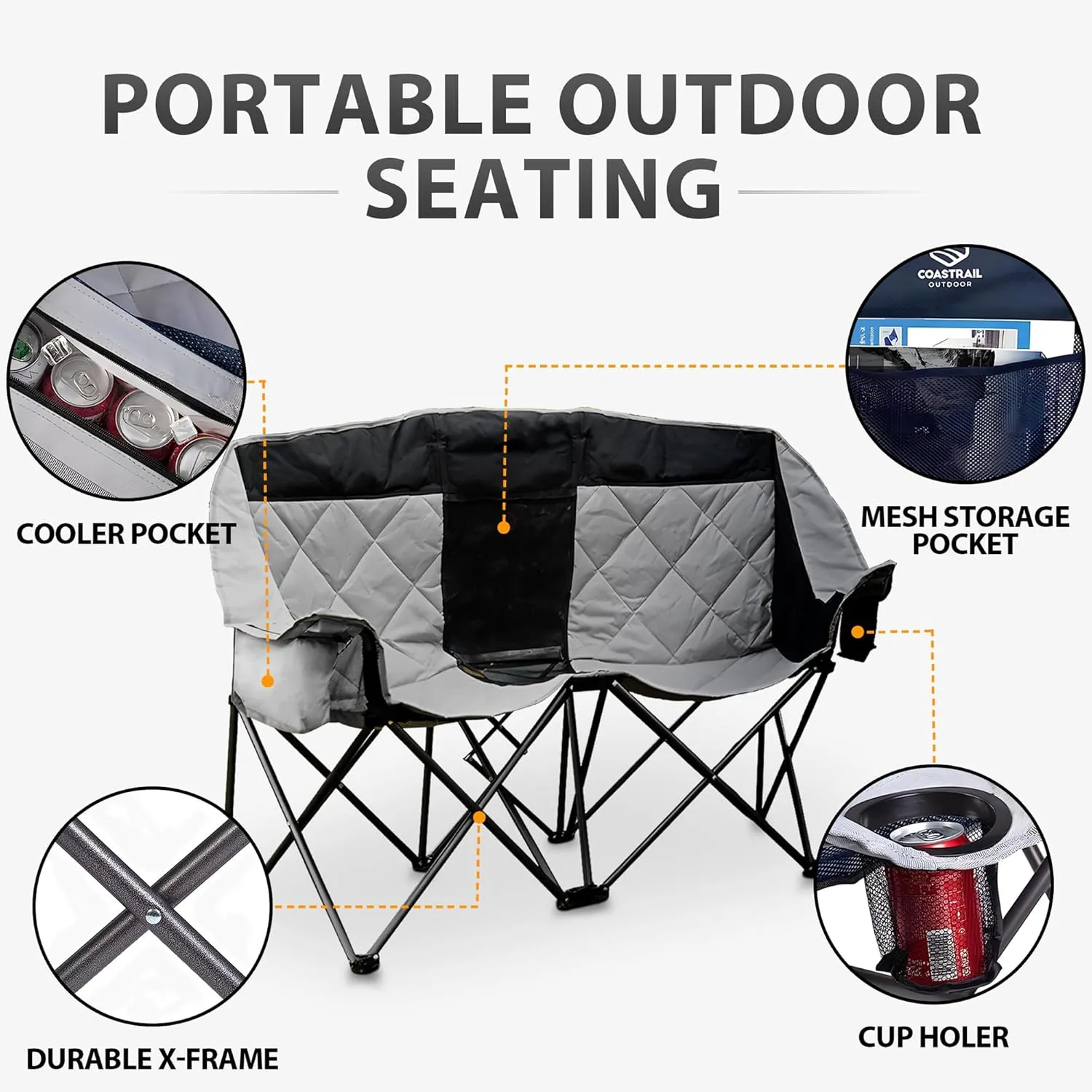 GRETERST Double Camping Chairs Folding Portable Love Seat Lawn Outdoor Chairs for Two Persons with Padded Seat and Pockets Heavy Duty for Adults, Black&gray