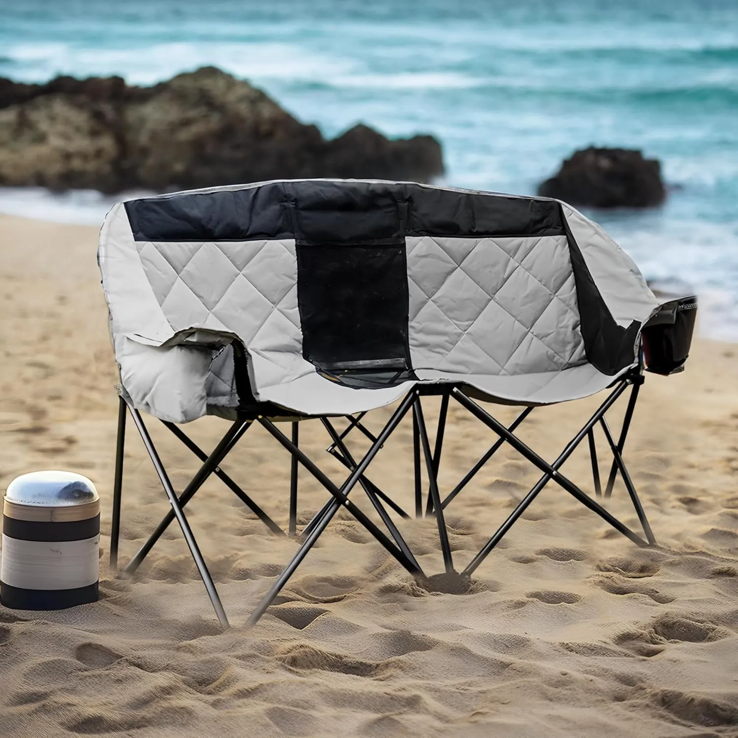 GRETERST Double Camping Chairs Folding Portable Love Seat Lawn Outdoor Chairs for Two Persons with Padded Seat and Pockets Heavy Duty for Adults, Black&gray