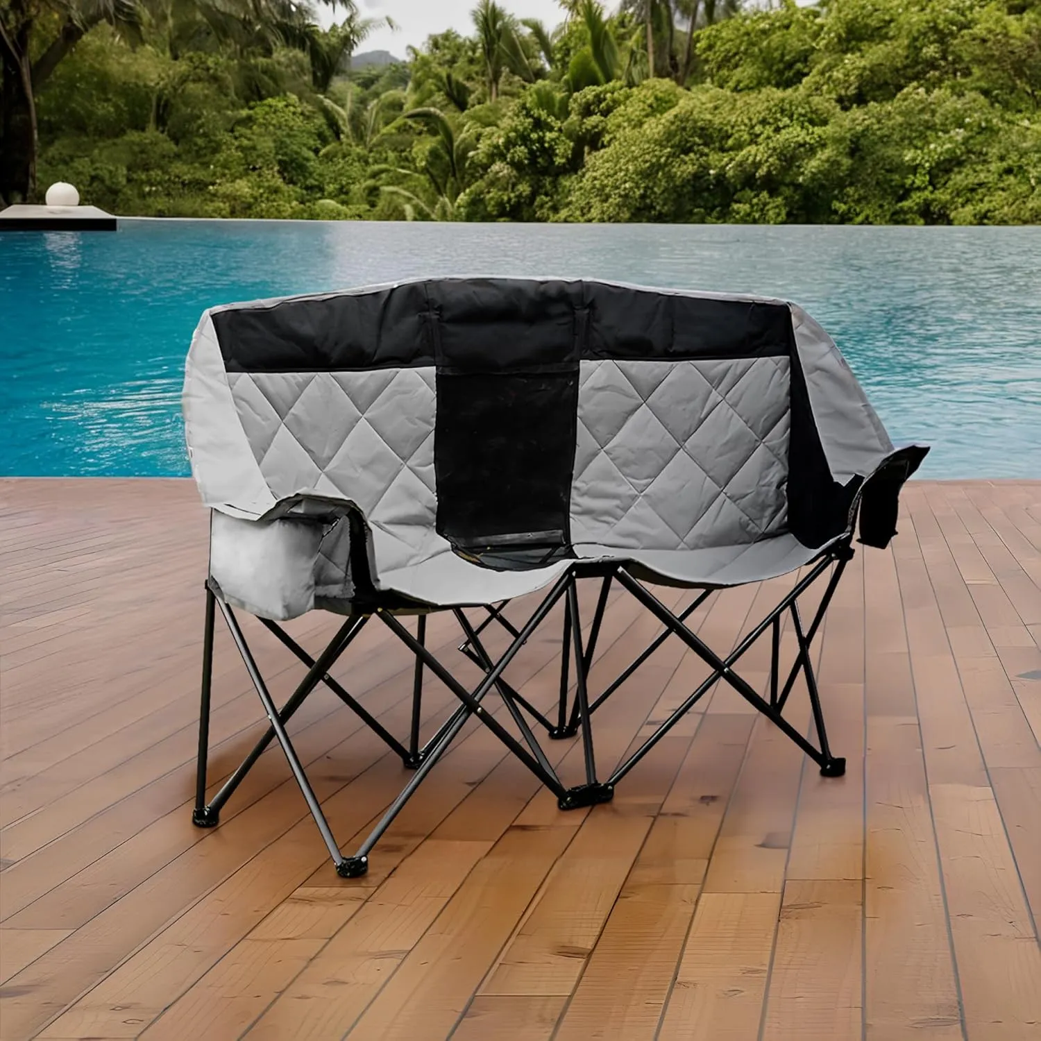 GRETERST Double Camping Chairs Folding Portable Love Seat Lawn Outdoor Chairs for Two Persons with Padded Seat and Pockets Heavy Duty for Adults, Black&gray