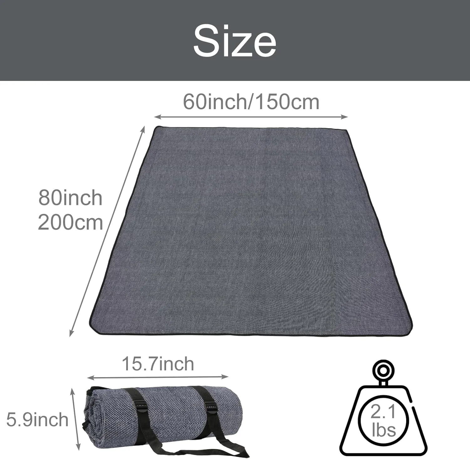 Grey Picnic Blanket with Strap, 60'' x 80'' Sandproof Beach Mat with Storage Bag, Waterproof Outdoor Blanket for Travel Camping Park Beach, Machine Washable (Grey)