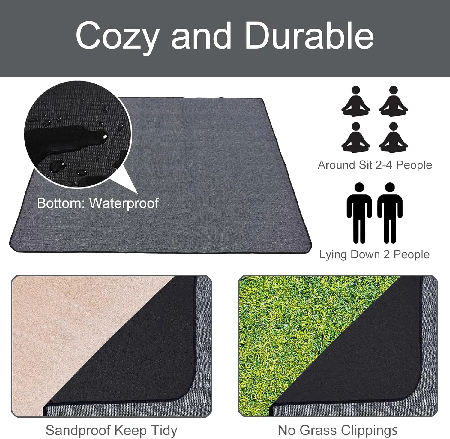 Grey Picnic Blanket with Strap, 60'' x 80'' Sandproof Beach Mat with Storage Bag, Waterproof Outdoor Blanket for Travel Camping Park Beach, Machine Washable (Grey)
