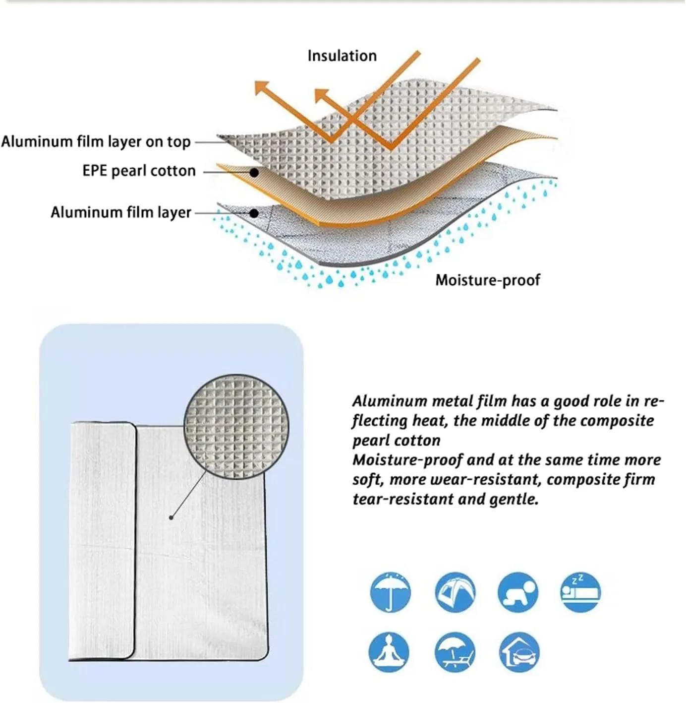 Ground Mat Double Sided Aluminum Foil Camping Mat Picnic Mat Insulating Thermal Mat Foil Foam Pad for Reflecting Heat Foil Camping Mat, with Storage Bag