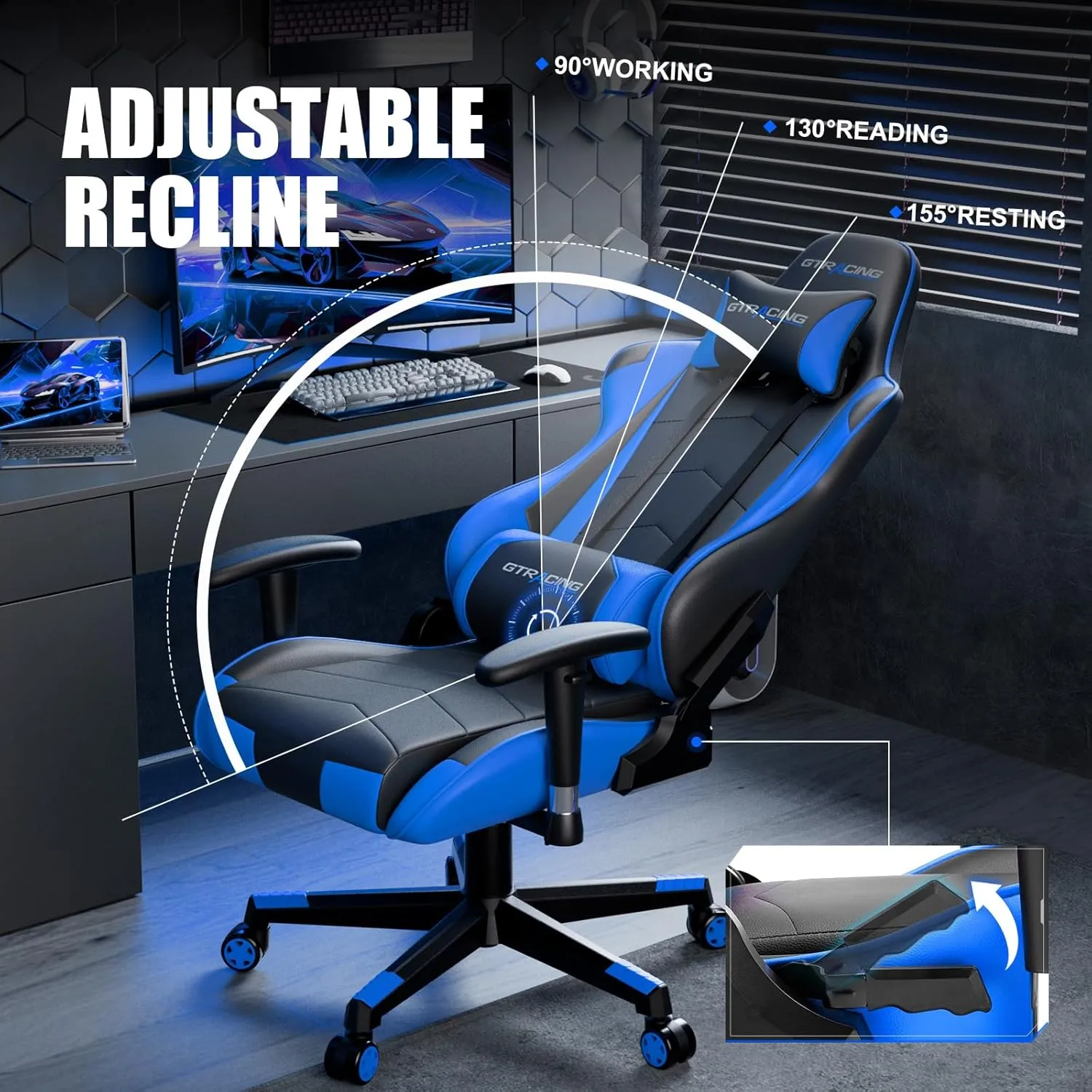 GTRACING Gaming Chair Racing Office Computer Ergonomic Video Game Chair Backrest and Seat Height Adjustable Swivel Recliner with Headrest and Lumbar Pillow Esports Chair (NavyBlue)