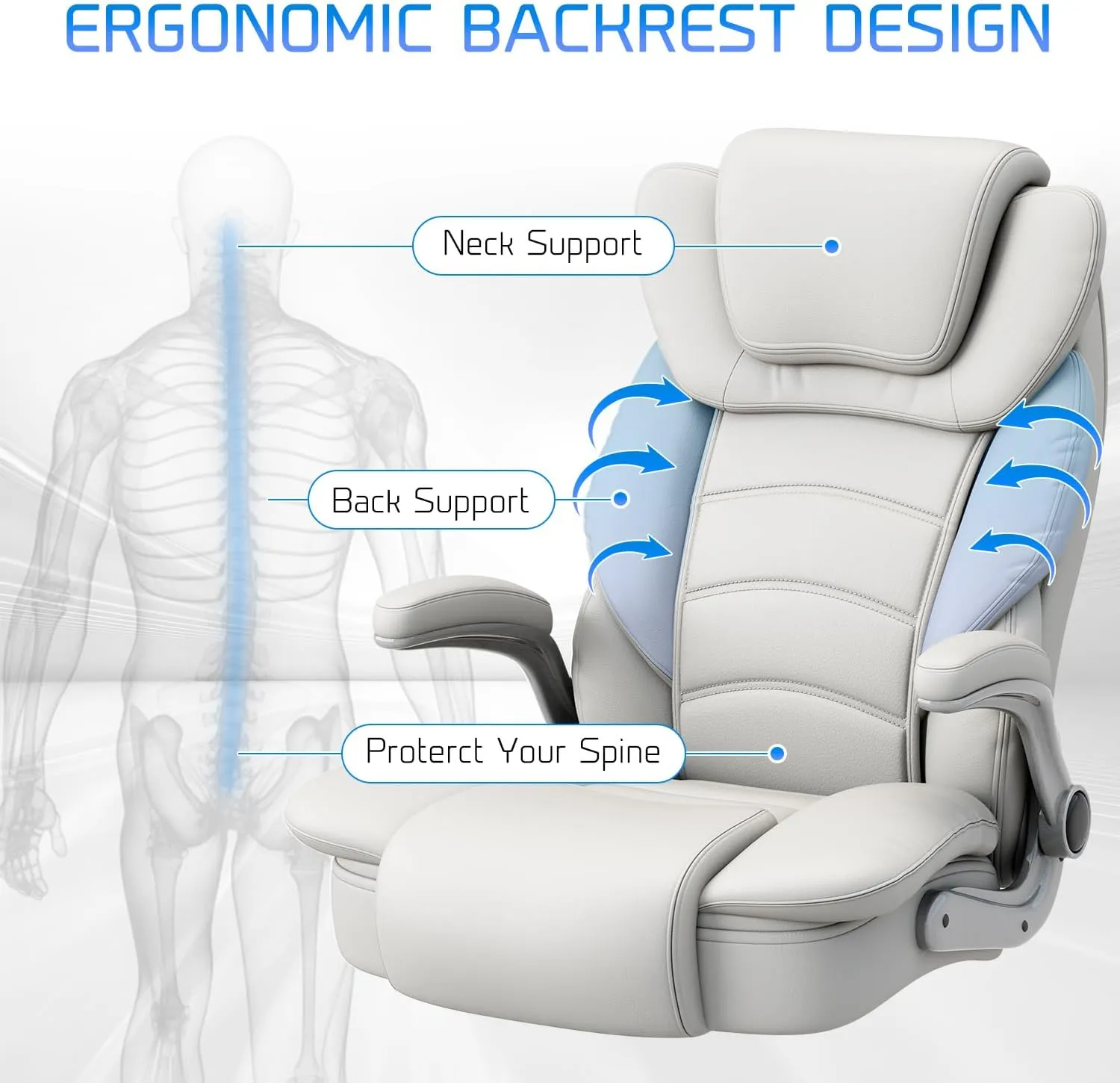 GYI Big and Tall Office Chair 400lb Wide Seat, Ergonomic High Back Leather Executive Desk Chair with Flip-up Arms, White