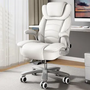 GYI Big and Tall Office Chair 400lb Wide Seat, Ergonomic High Back Leather Executive Desk Chair with Flip-up Arms, White