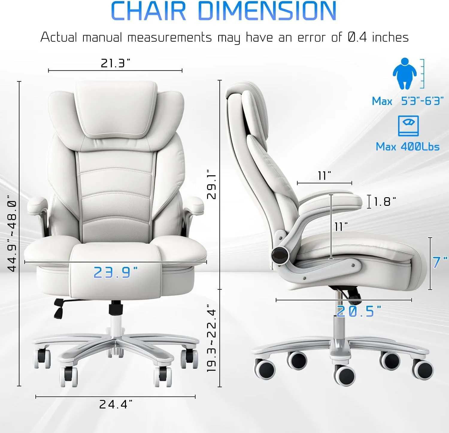 GYI Big and Tall Office Chair 400lb Wide Seat, Ergonomic High Back Leather Executive Desk Chair with Flip-up Arms, White