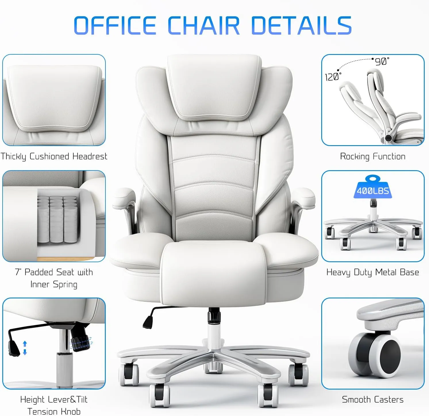 GYI Big and Tall Office Chair 400lb Wide Seat, Ergonomic High Back Leather Executive Desk Chair with Flip-up Arms, White