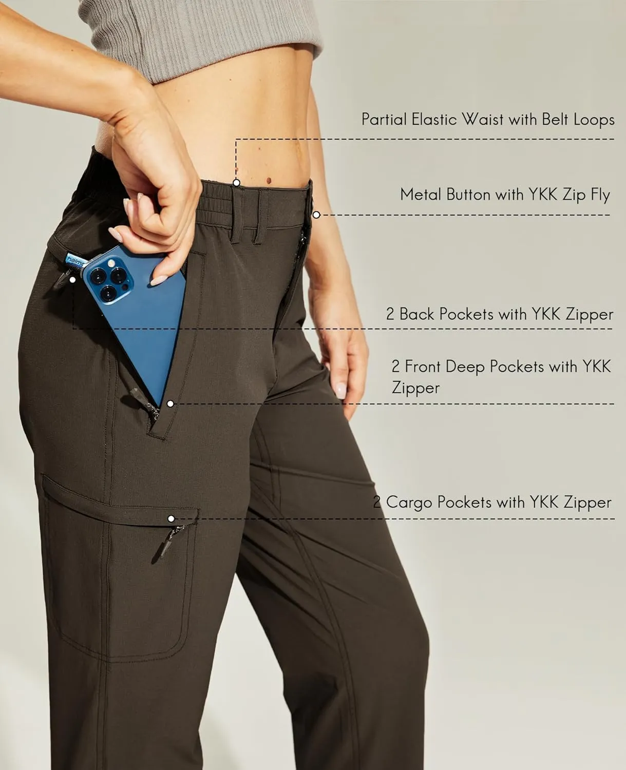 Haimont Women's Hiking Cargo Pants Quick Dry Lightweight Ripstop Stretch Nylon Travel Pants with Zip Pockets Water Repellent