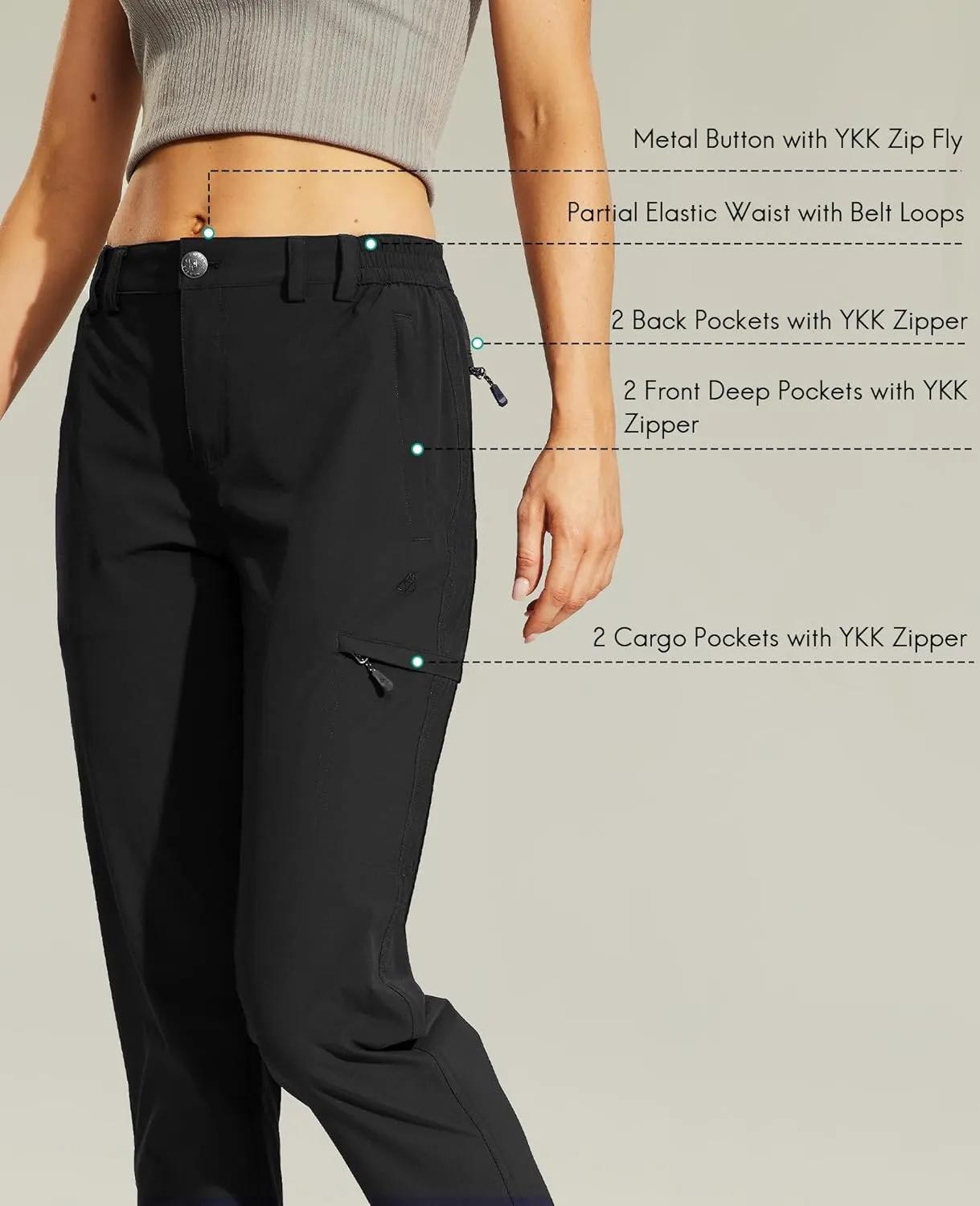 Haimont Women's Hiking Cargo Pants Quick Dry Lightweight Ripstop Stretch Nylon Travel Pants with Zip Pockets Water Repellent