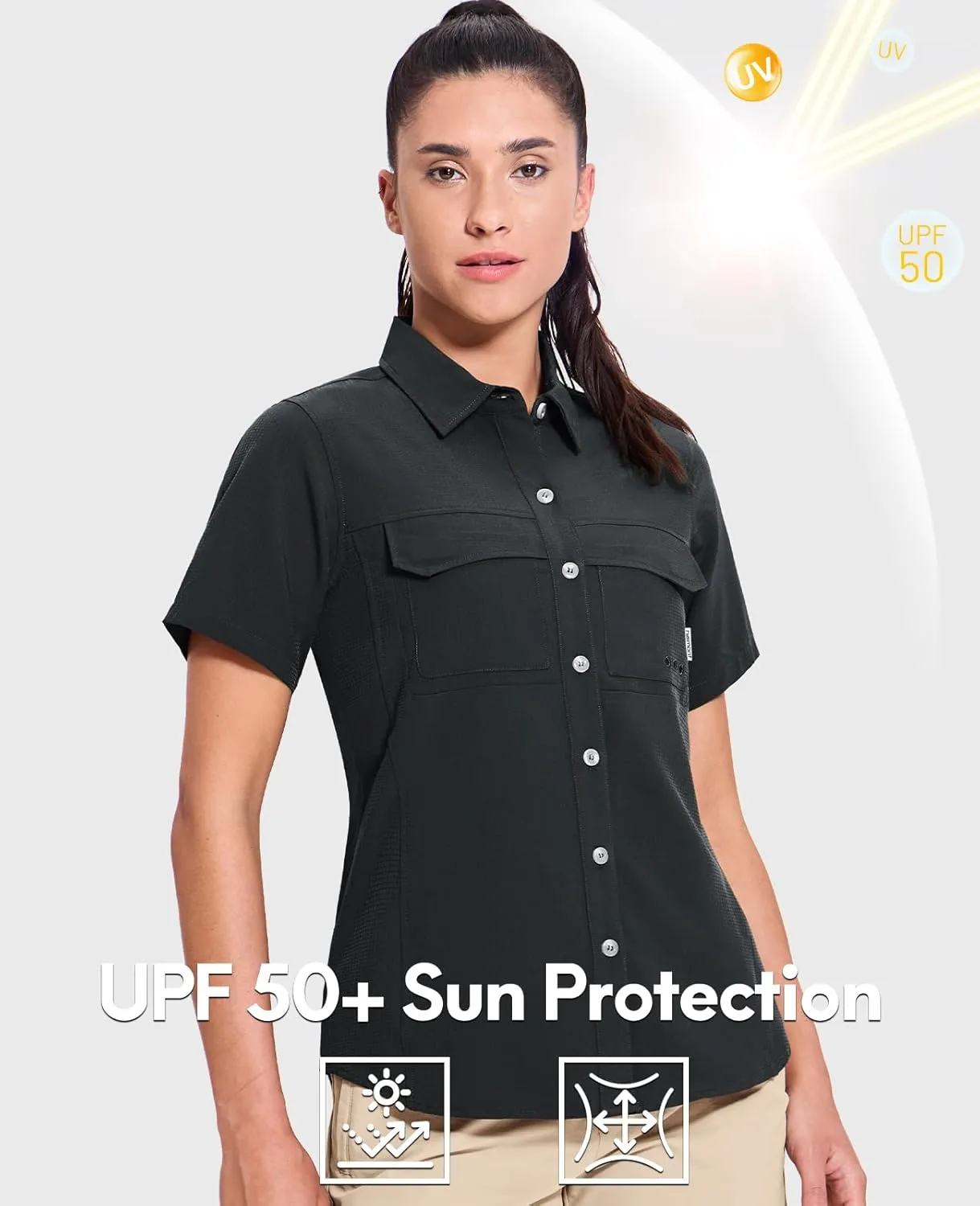 Haimont Women's UPF 50  Sun Protection Button Down Fishing Hiking Travel Shirts Short Sleeve Quick Dry Shirt with Pockets