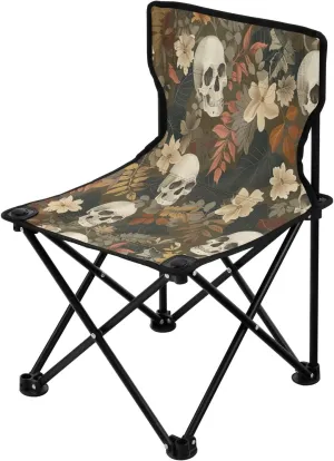 Halloween Flowers Skull Portable Outdoor Folding Chair Anti-Slip Padded Oxford Cloth Stool Camping Chair Small for Beach Hiking Fishing Gardening Quad Camp Chair