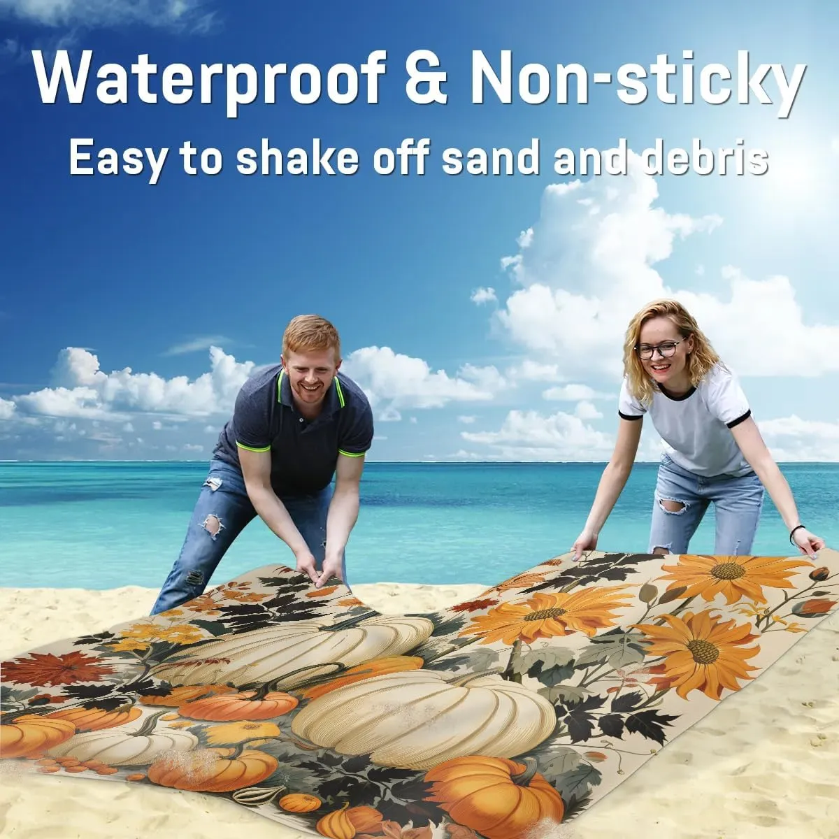 Halloween Pumpkin Beach Blanket, Sandproof Beach Mat, 68 x 59 Waterproof Quick Drying Sand Free Mat with 4 x Ground Spikes for Outdoor Travel Camping Hiking, Autumn Fall