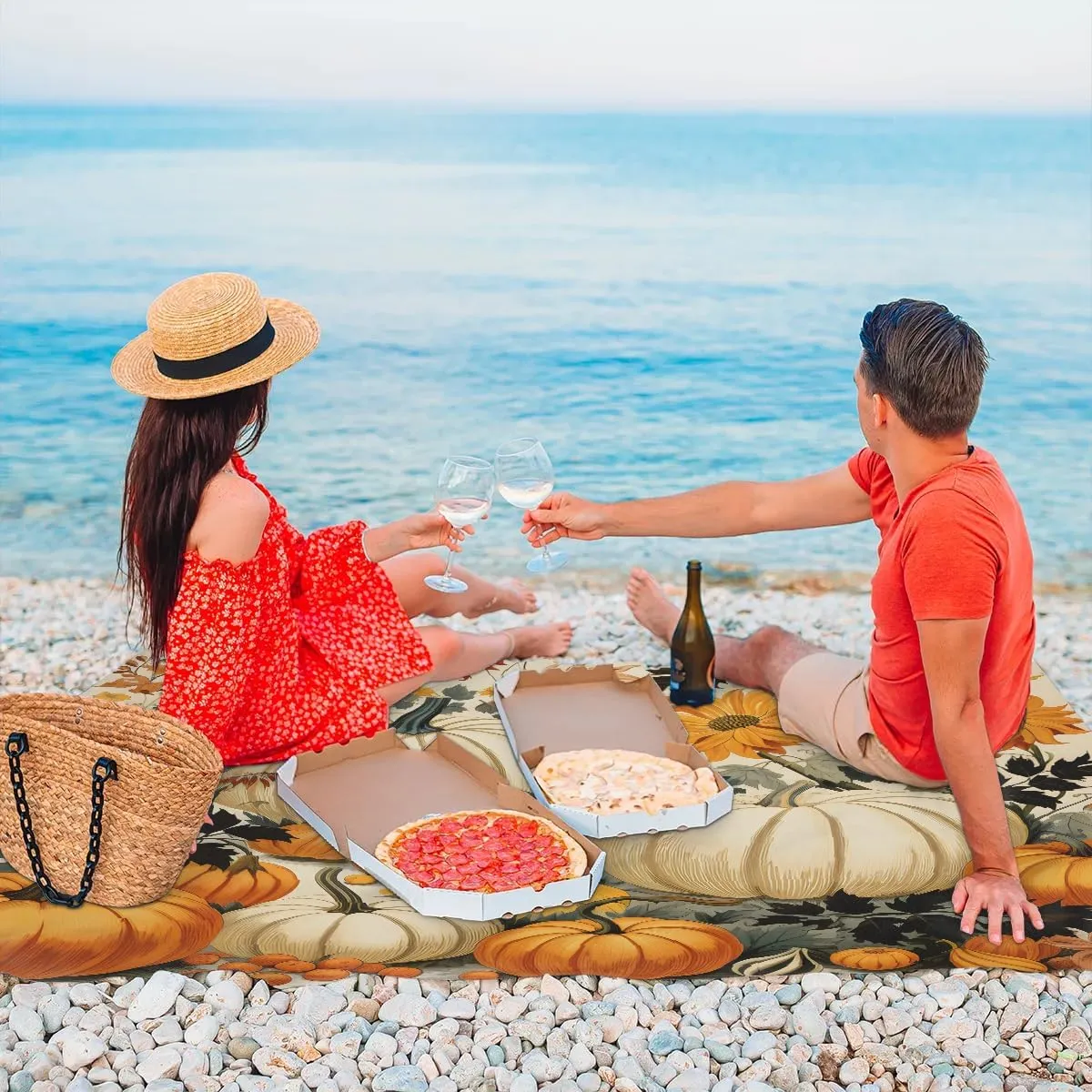 Halloween Pumpkin Beach Blanket, Sandproof Beach Mat, 68 x 59 Waterproof Quick Drying Sand Free Mat with 4 x Ground Spikes for Outdoor Travel Camping Hiking, Autumn Fall