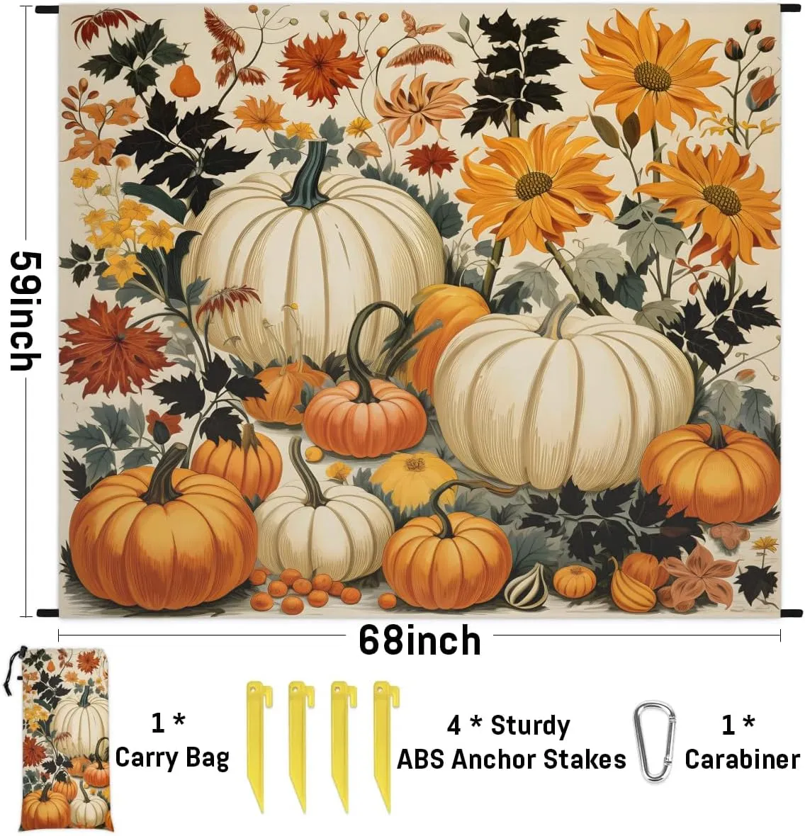 Halloween Pumpkin Beach Blanket, Sandproof Beach Mat, 68 x 59 Waterproof Quick Drying Sand Free Mat with 4 x Ground Spikes for Outdoor Travel Camping Hiking, Autumn Fall