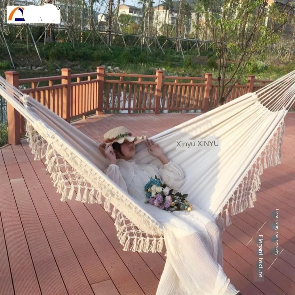 Hammocks Double Enlarged Canvas Swing Indoor and Outdoor Camping Hanging Chair Photography Retro Tassel Hammock Camping Hammocks(White)