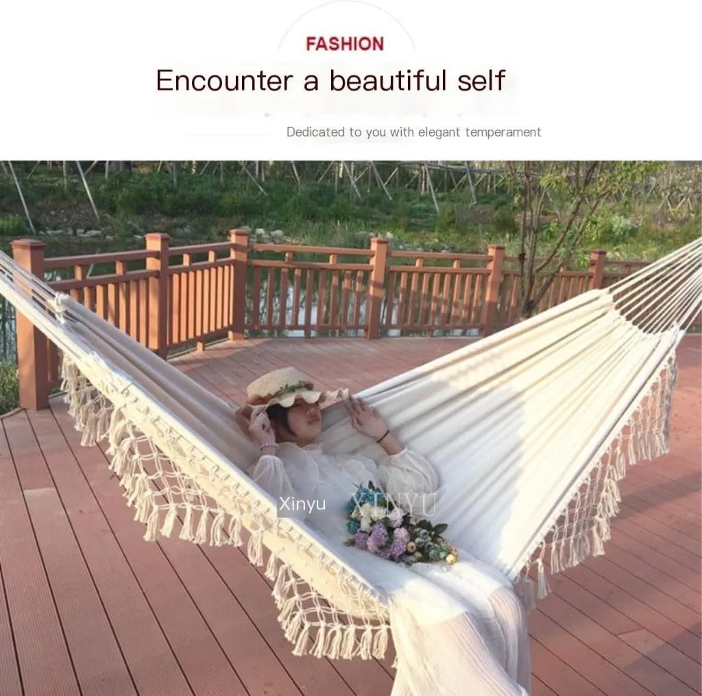 Hammocks Double Enlarged Canvas Swing Indoor and Outdoor Camping Hanging Chair Photography Retro Tassel Hammock Camping Hammocks(White)